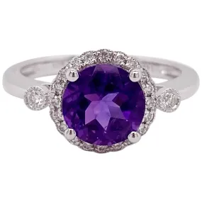 Amethyst Diamond Halo Engagement Ring