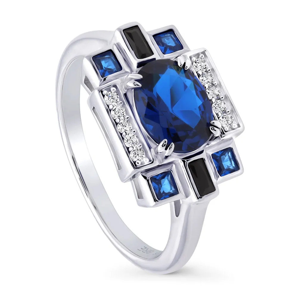 Art Deco Simulated Blue Sapphire CZ Ring in Sterling Silver