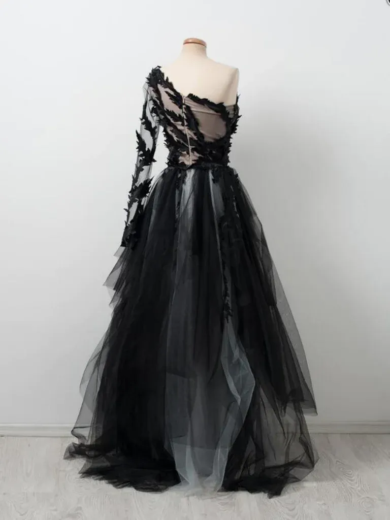 Black and Gray Tulle Lace One Shoulder Long Prom Dresses,DP1095