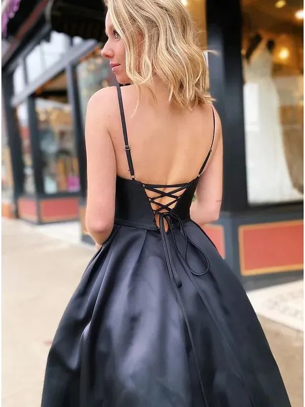 Black Satin Sleeveless V Neck Backless with Beading and Pocket Fromal Prom Dress,DP408