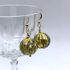 Earrings with blue appliqué over gold Murano glass small sphere drops on silver or gold