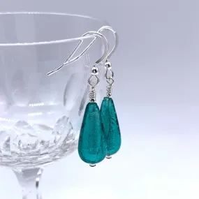 Earrings with teal (green, jade) Murano glass short pear drops on silver or gold hooks