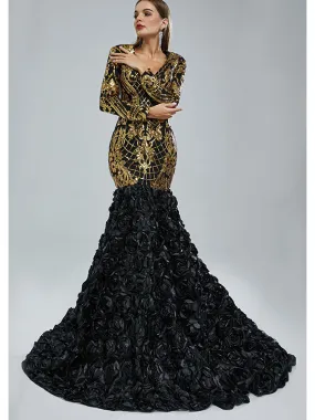 Elegant Black-Gold Long Sleeve V-Neck Mermaid Long Prom Dresses,SFPD0305