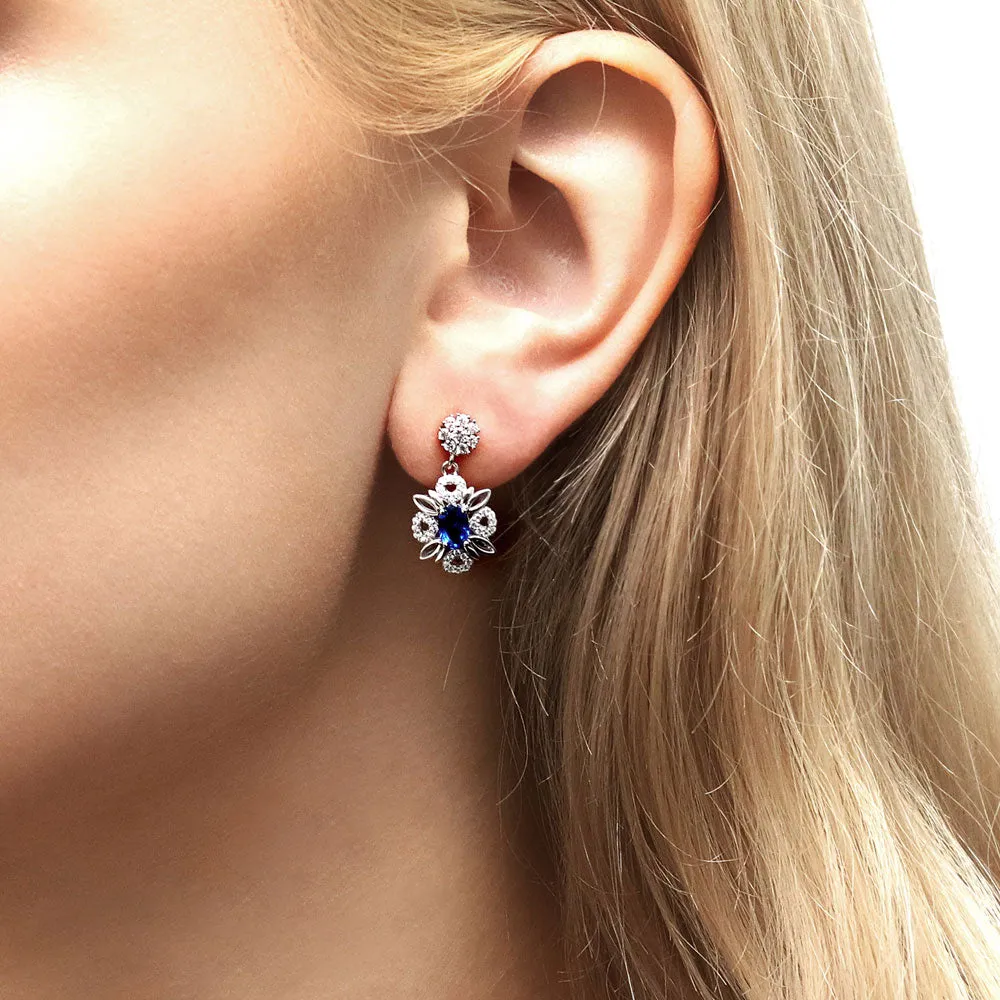 Flower Halo Simulated Blue Sapphire CZ Set in Sterling Silver