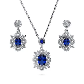 Flower Halo Simulated Blue Sapphire CZ Set in Sterling Silver