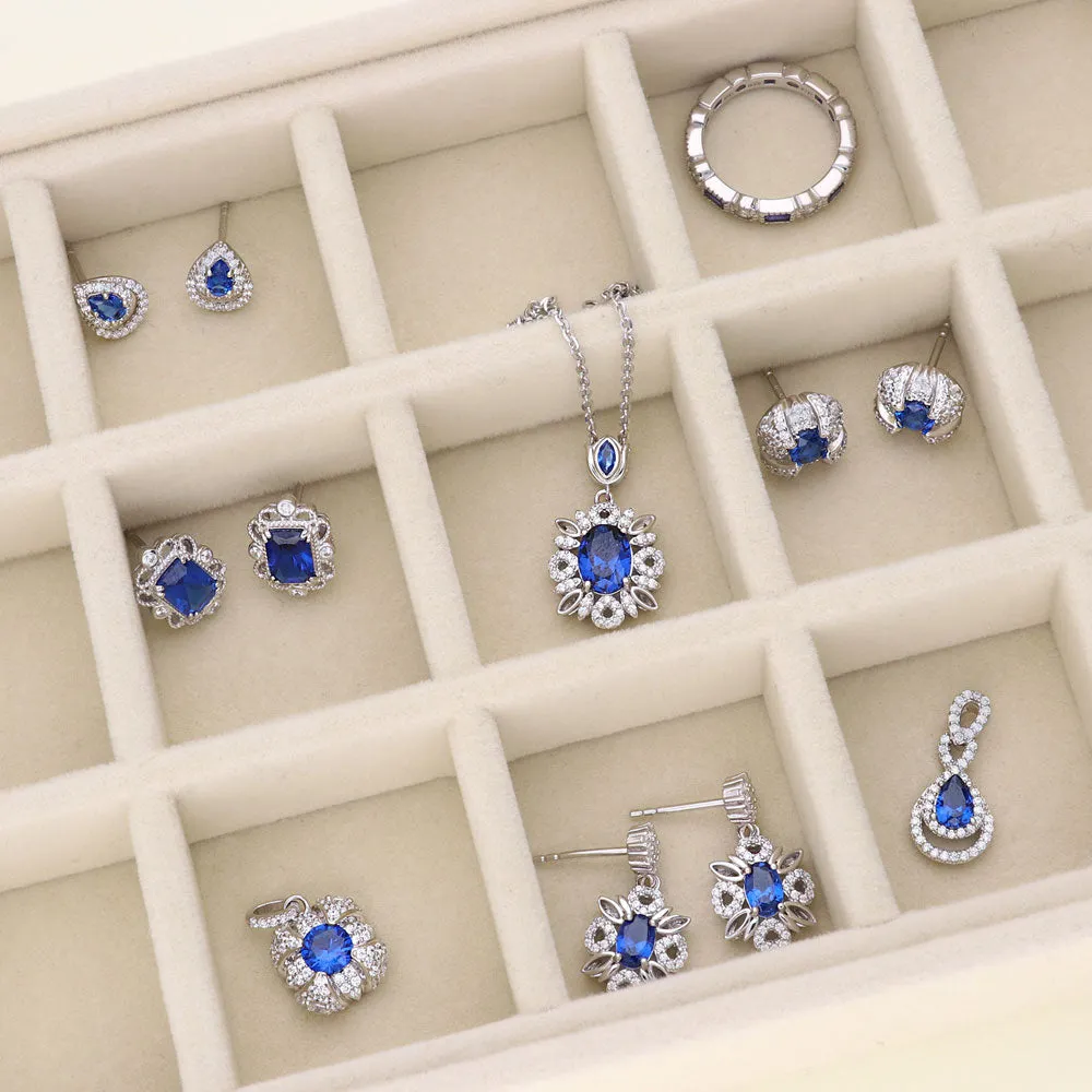 Flower Halo Simulated Blue Sapphire CZ Set in Sterling Silver