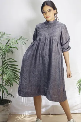 Gray Pin-Tuck Linen Dress