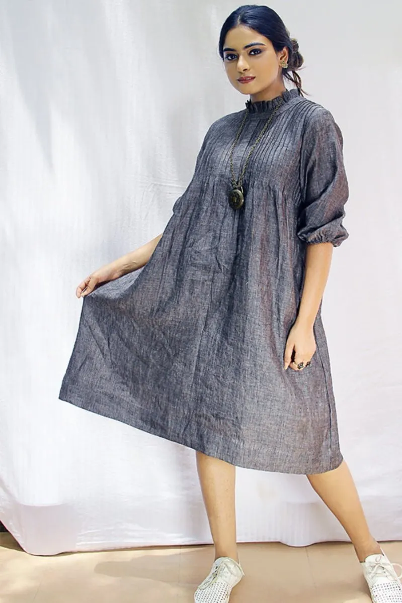 Gray Pin-Tuck Linen Dress