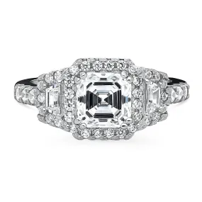 Halo 3-Stone 1.6ct Asscher CZ Ring in Sterling Silver