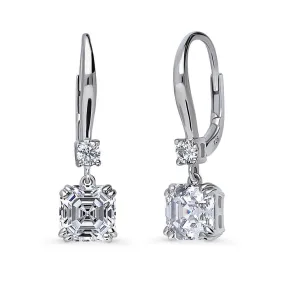 Solitaire 4ct Asscher CZ Leverback Earrings in Sterling Silver