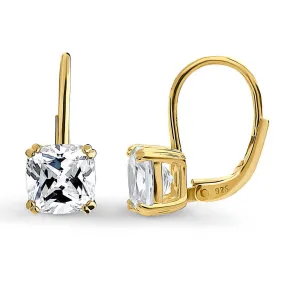 Solitaire 4ct Cushion CZ Leverback Earrings in Sterling Silver