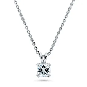 Solitaire Checkerboard Cushion CZ Necklace in Sterling Silver