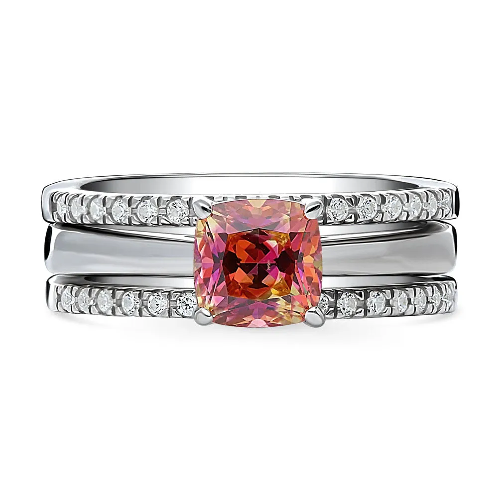 Solitaire Kaleidoscope Red Orange CZ Ring Set in Sterling Silver