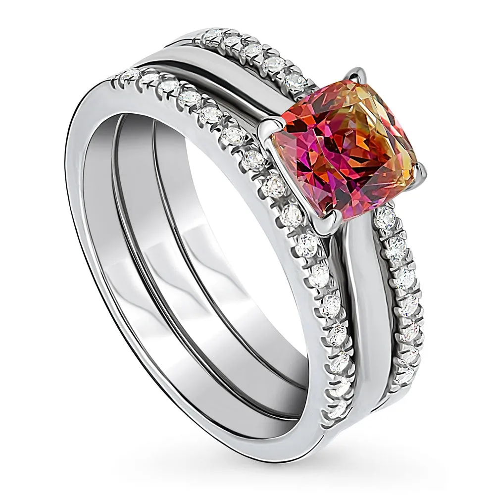 Solitaire Kaleidoscope Red Orange CZ Ring Set in Sterling Silver