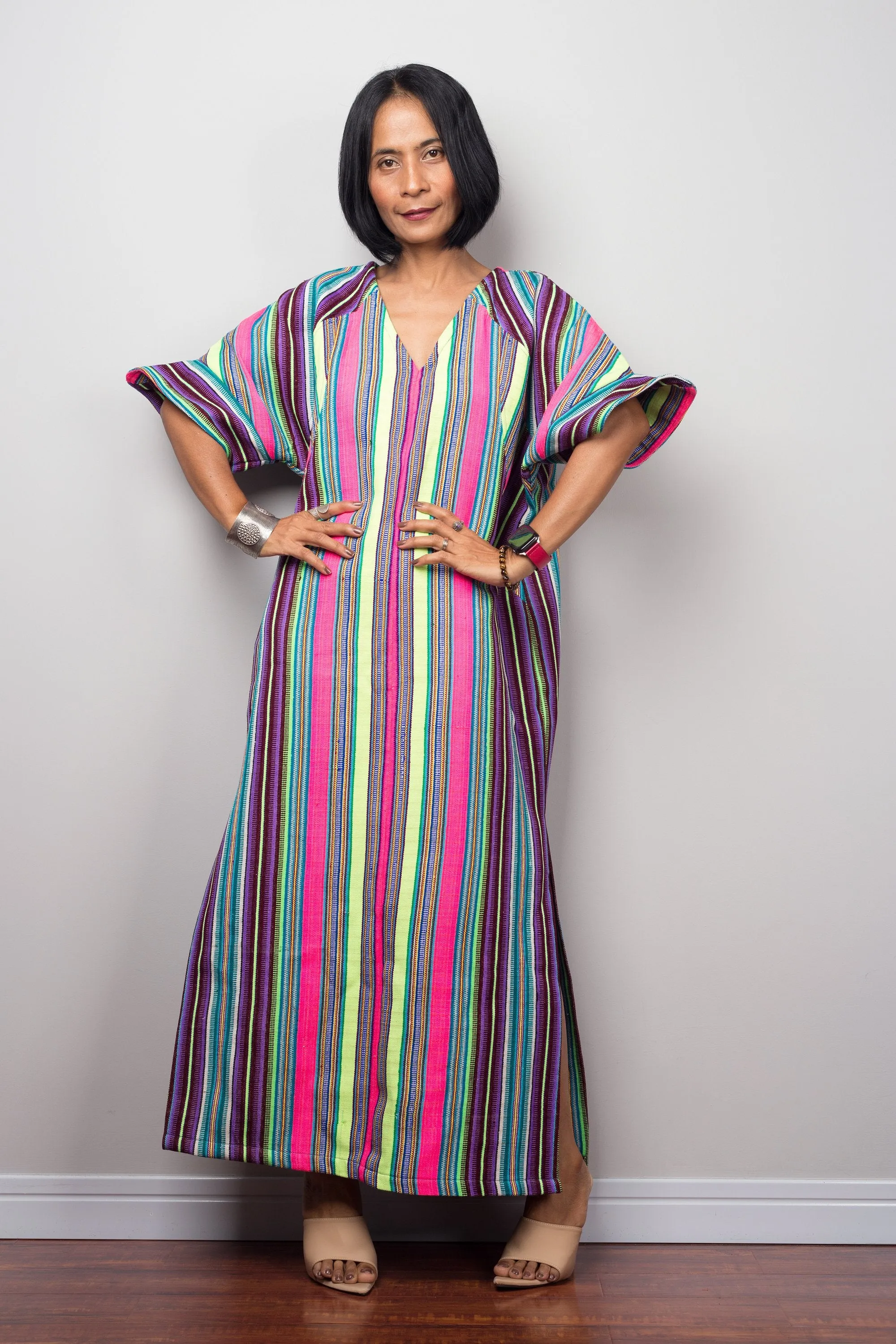 Striped Hill tribe kaftan dress with split